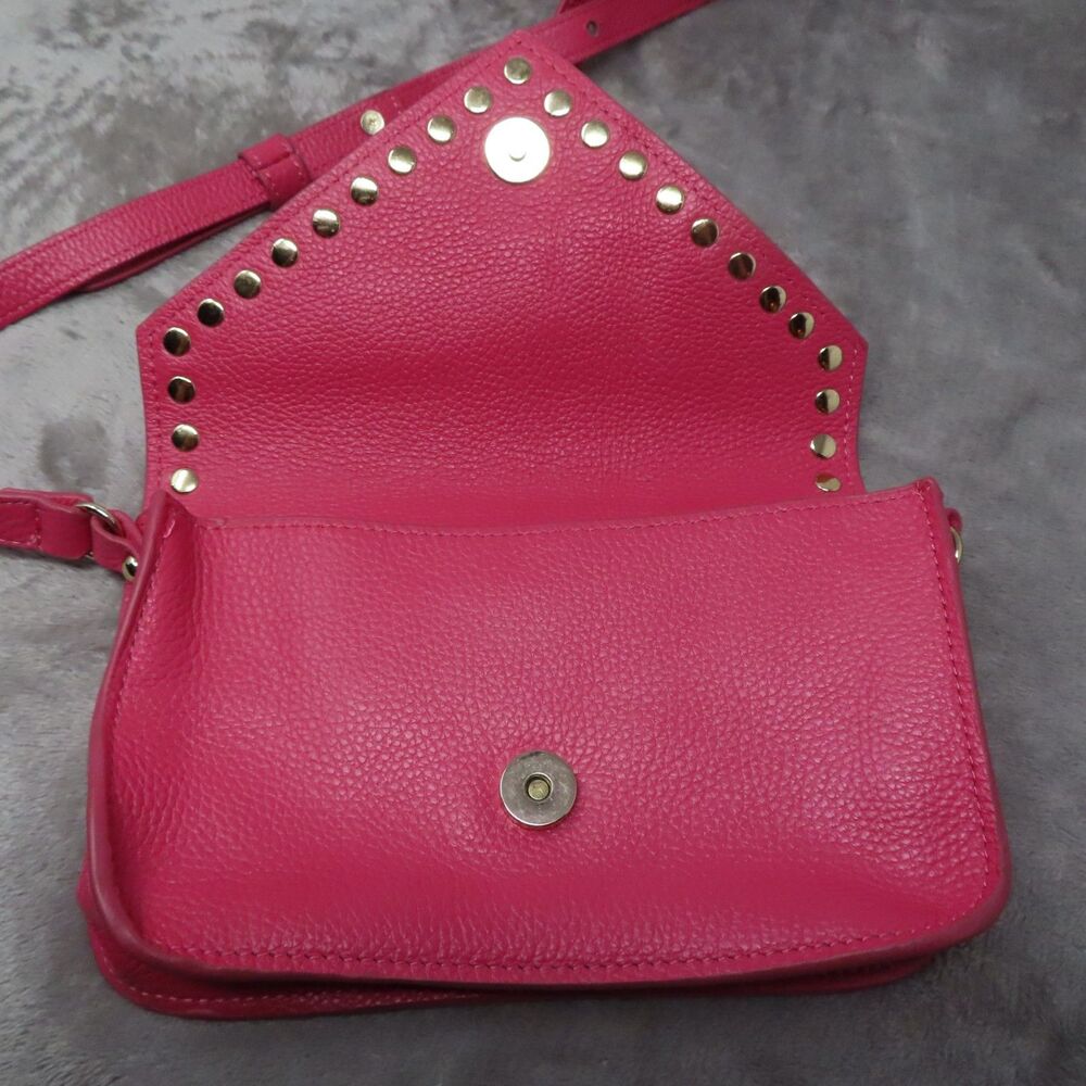 BTB Los Angeles Hot Pink Rocker Biker Styling Leather Gold Studded Crossbody Bag - Picture 12 of 16